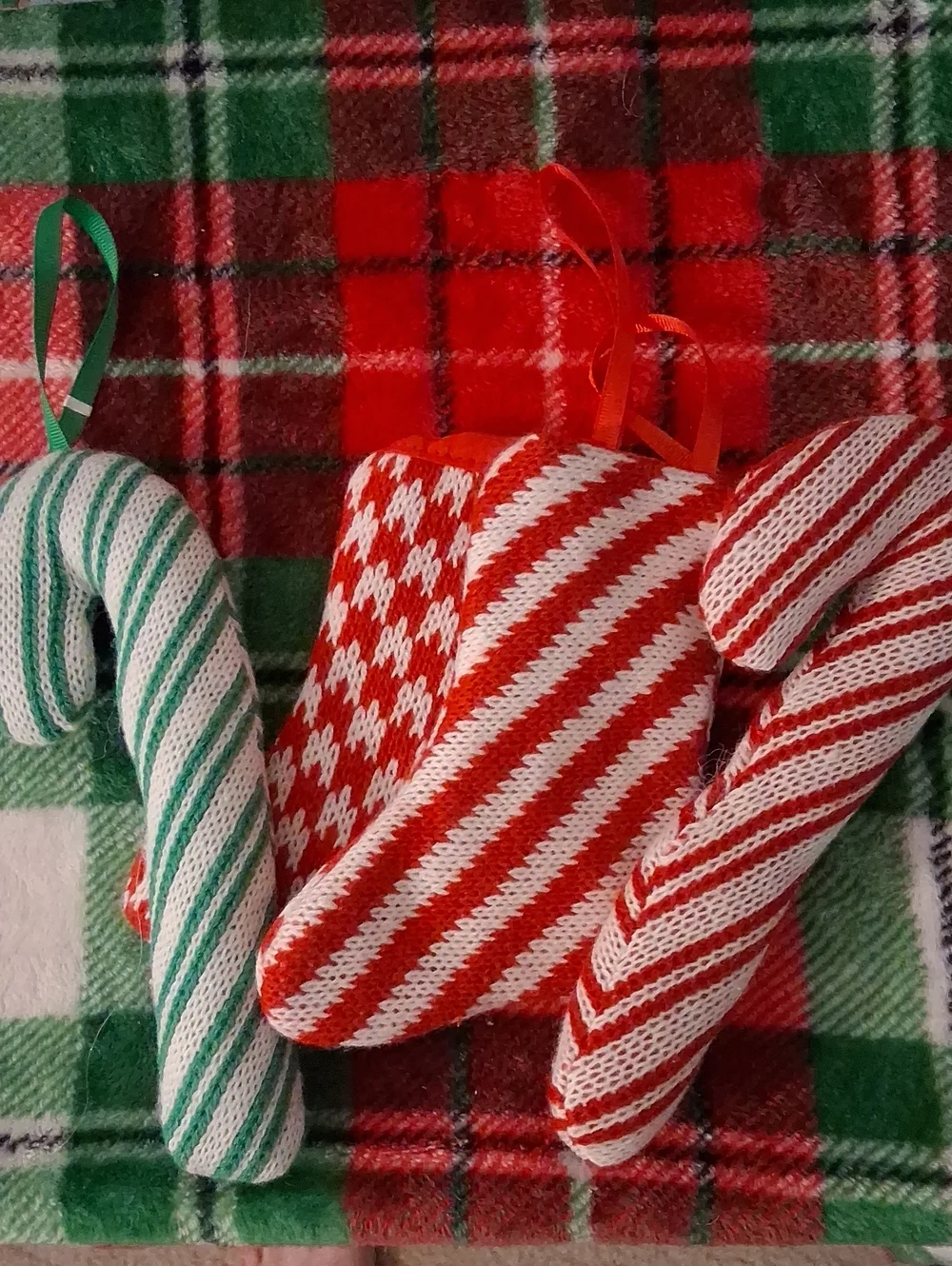 Red & White Knit Holiday Candy Cane Ornaments